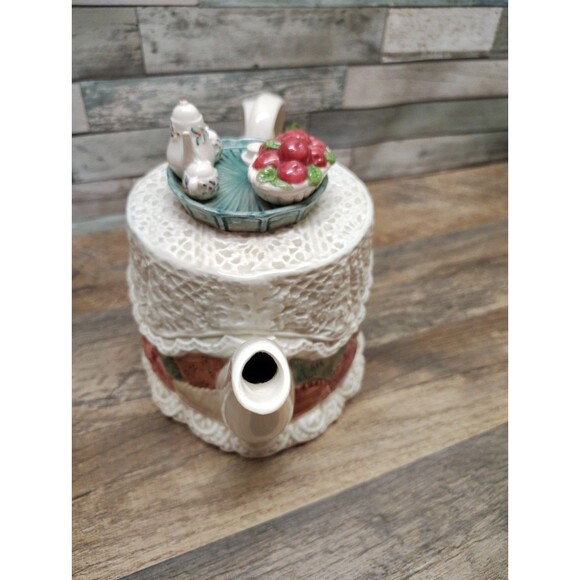 Vintage Fitz & Floyd 1992 34oz Knit Doily Christmas Teapot Cottage Core Granny - Picture 5 of 12